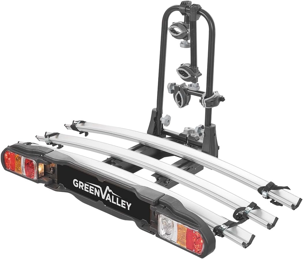 Green Valley 160668 Portabicicletas de plataforma para bola de remolque, inclinable – 3 bicicletas clásicas (máx. 2 eléctricas VAE) – Plegable, inclinable y seguro – 60 kg