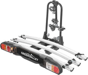Green Valley 160668 Portabicicletas de plataforma para bola de remolque, inclinable – 3 bicicletas clásicas (máx. 2 eléctricas VAE) – Plegable, inclinable y seguro – 60 kg