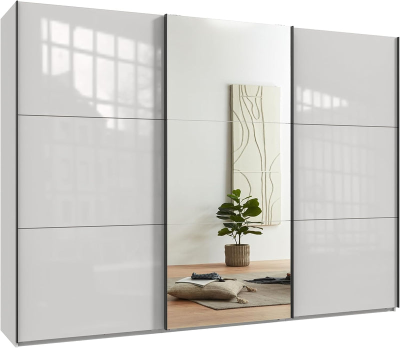 Armario de puertas correderas de 3 puertas A300/A216/P65 cm blanco con frente de cristal, espejo, tiradores negros, incl. cierre suave, armario con estantes, barras para ropa, cajones, organizador de ropa / 22039