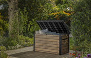 Baúl de almacenamiento Keter Ontario 870 litros | 100 % impermeable con ventilación para evitar malos olores y moho | Diseño moderno efecto madera | Tapa con pistones de gas