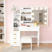 Tocador con espejo e iluminación, mesa de maquillaje, con 4 cajones, 4 estantes abiertos para dormitorio, conjunto de tocador con luces y taburete, 3 estantes ocultos