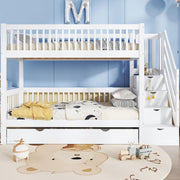 Cama litera infantil Rtopsu 90x200 cm con cama extraíble, cama alta con escalera y estantería de almacenamiento, cama casita con somier de madera y protección anticaída para 2-3 niños, blanco, sin colchón