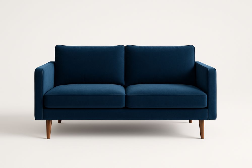 Sofá de 2 plazas de terciopelo azul con patas de madera