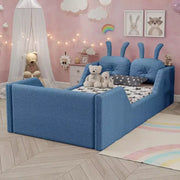 Cama plataforma doble Whisen, cama de suelo tapizada para niños con cojín de conejo, barandillas laterales extraíbles