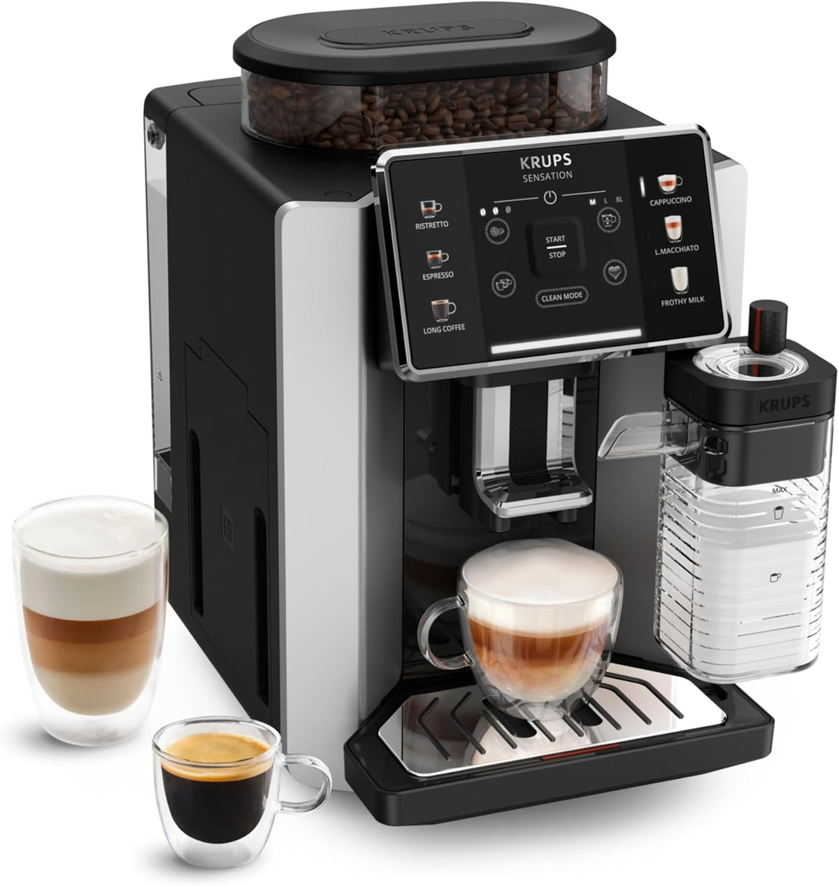Krups Sensation Lait, Cafetera superautomática, máquina de espresso, 6 bebidas, Jarra de leche, Cappuccino, Interfaz táctil, Limpieza automática, Plateado, EA912E10