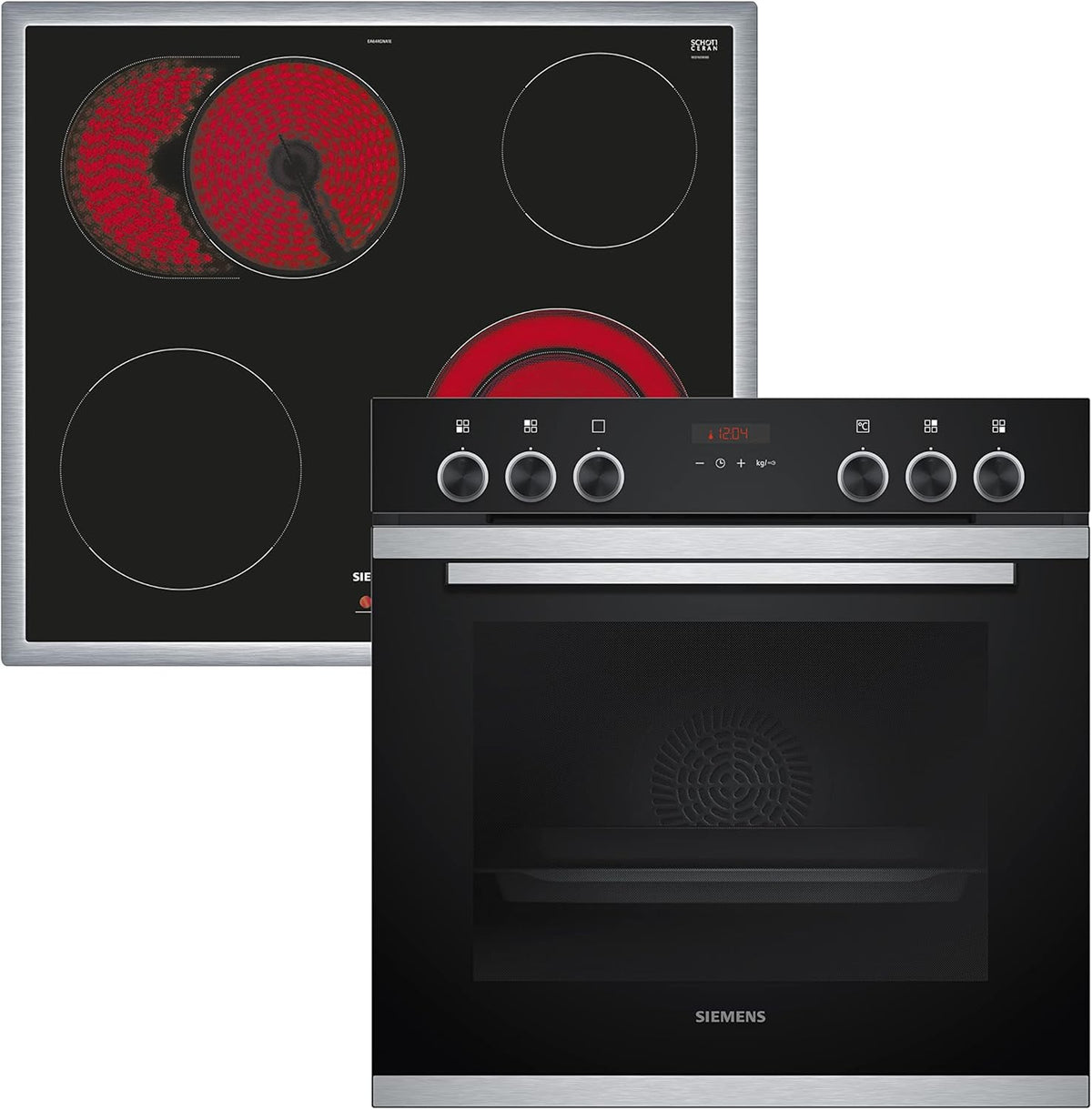 Siemens EQ211KAAB Set de horno empotrable iQ300, combinación de horno y placa integrable de 60 cm de ancho, precalentamiento rápido, esmalte brillante color granito, aire caliente 3D, zona para asados, negro