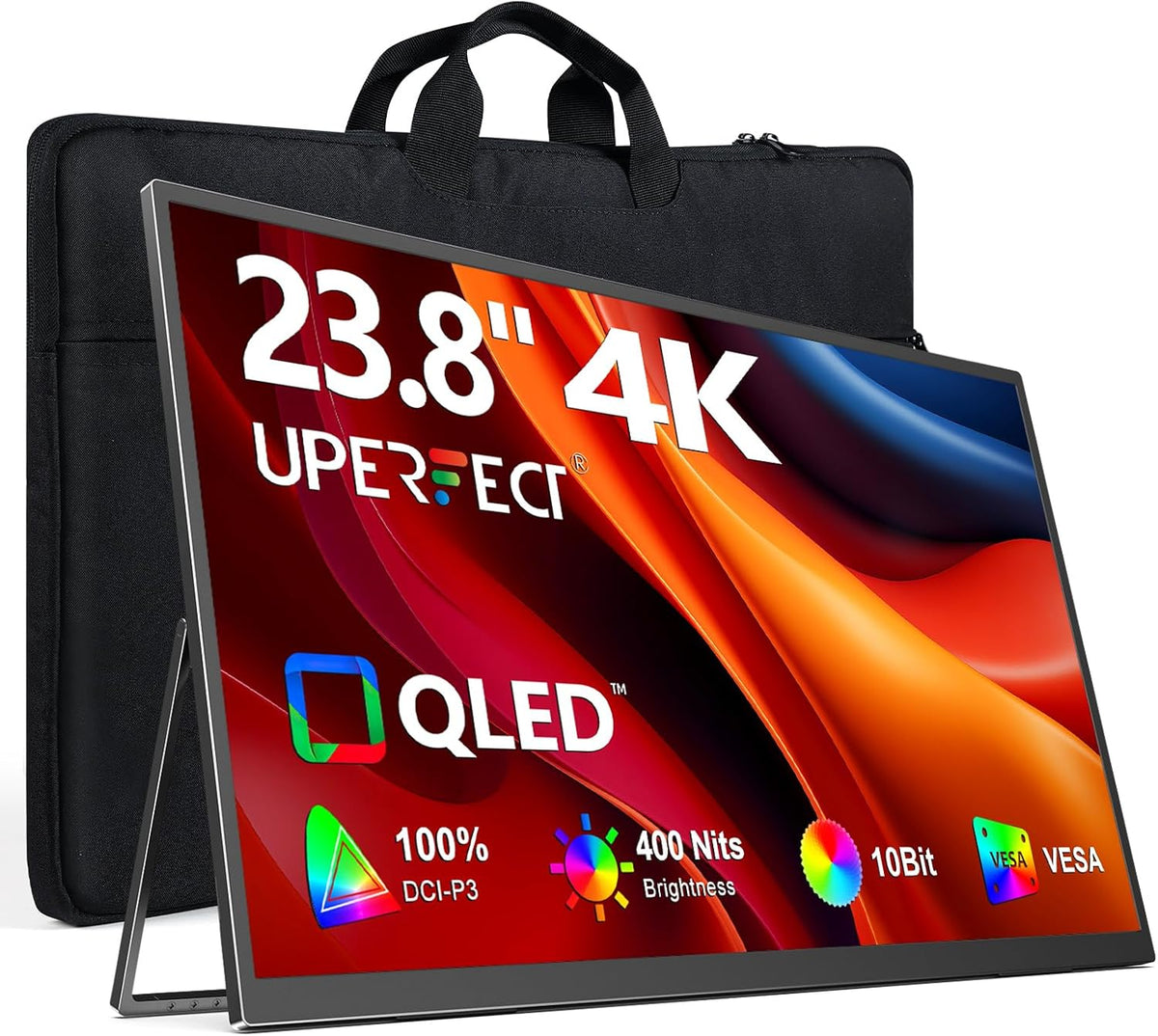 UPERFECT Monitor Portátil 4K 23,8" QLED | 400 Nits 24" Monitor Grande | 3840 * 2160 UHD 100% DCI-P3 | 1MS FreeSync | USB-C y HDMI | VESA y Soporte | Segunda Pantalla para Portátil, PC, Consolas de Juegos