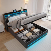 LIVLUX Cama con canapé 140x190 con somier LED y USB, cama doble tapizada con almacenamiento hidráulico, cama para 2 personas para adultos y adolescentes, lino gris claro, 140 x 190 cm
