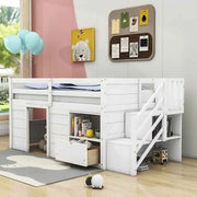 Cama alta baja de madera maciza con cajón y escalera, tamaño individual