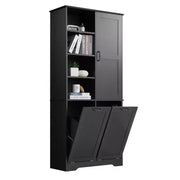 Gabinete de almacenamiento para baño con puertas y cajones, cesto para ropa abatible, espacio de almacenamiento múltiple, estilo independiente