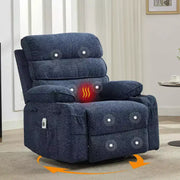 Sillón reclinable mecedor con masaje y calefacción, silla reclinable giratoria de 360 grados para adultos, silla de guardería de lino con bolsillo lateral y dos portavasos