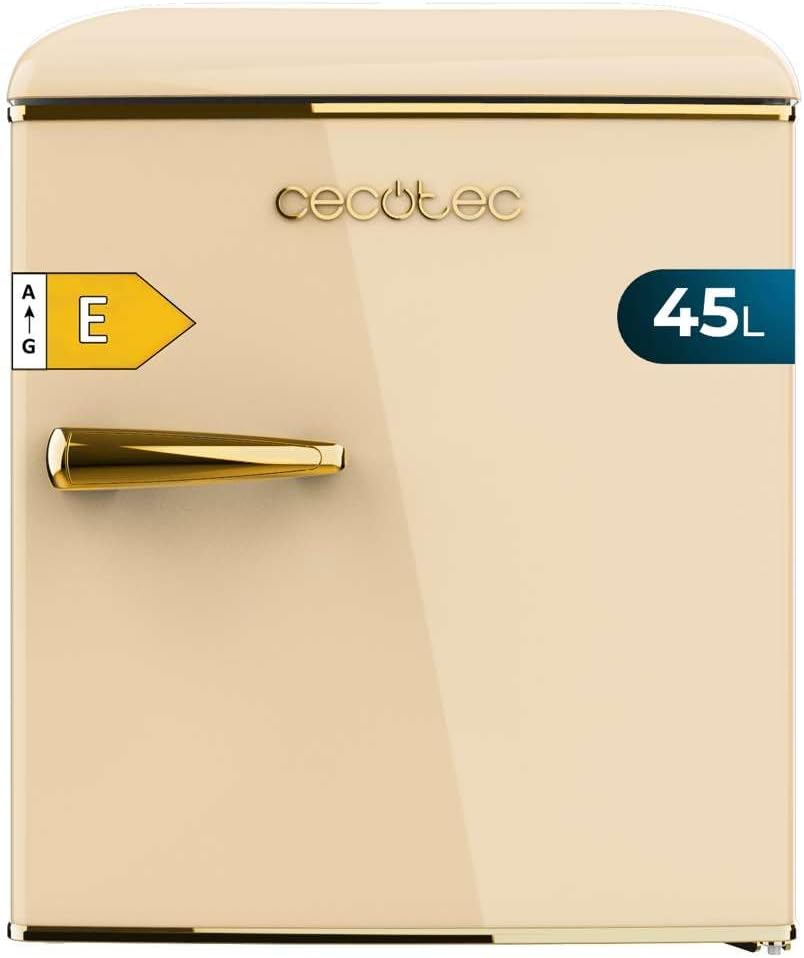 Cecotec Mini Frigorífico Bolero CoolMarket TT Origin 45 Beige E. Frigorífico con 55 cm de altura y 44,7 cm de ancho, Clase Energética E, Compartimento de Hielo y Tirador Cromado, Beige