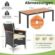 COSTWAY Juego de muebles de jardín de ratán de 9 piezas, conjunto de asientos para 8 personas, mesa de jardín con tablero de madera de acacia, 8 sillas y cojines, juego de muebles de terraza, conjunto de jardín, juego de asientos, grupo de comedor