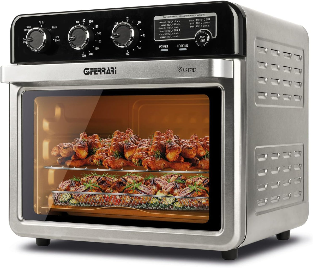 G3 Ferrari G10221 Horno Air Fryer Multifunción 32 L, 2000 W, 5 Modos de Cocción, 6 Resistencias, Temperatura Ajustable hasta 230°C, Pantalla con Temporizador, Accesorios de Acero Inoxidable sin BPA/PFOA, Negro-Plata