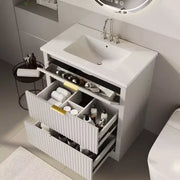Conjunto de tocador de baño moderno estriado con lavabo de cerámica integrado, mueble de baño independiente con 3 cajones para baño contemporáneo
