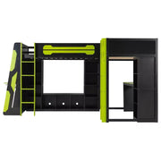 Litera tipo loft en forma de L para juegos con escritorios, litera doble con luces LED, puertos USB, estanterías de almacenamiento, cama alta esquinera de madera para 2 personas