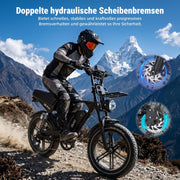 Bicicleta eléctrica OUXI Pro E-Bike Fatbike de 20 pulgadas, batería doble de 2x15Ah con autonomía de hasta 100km, motor de 250W y 60Nm, frenos de disco hidráulicos, suspensión completa, altavoz Bluetooth, portaequipajes delantero