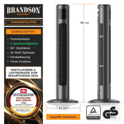Ventilador de torre 96 cm con mando a distancia, 3 velocidades, 3 modos, oscilación, temporizador, ventilador de pie silencioso, gris frío
