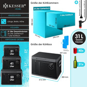 Nevera portátil con compresor KESSER 2 en 1 de doble zona, refrigeración y congelador eléctrico con 2 acumuladores de frío y panel táctil LED | Refrigerador con enfriamiento hasta -20 °C para camping, coche, camión 12/24V 230V