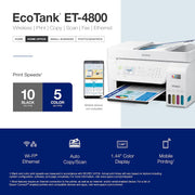 Impresora multifunción inalámbrica Epson EcoTank ET-4800 sin cartuchos con escáner, copiadora, fax, ADF y Ethernet – Ideal para su oficina en casa, color blanco