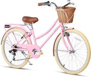 Glerc Missy 20, 24, 26 pulgadas bicicleta híbrida urbana tipo crucero para niñas, de 6 velocidades, con cesta de mimbre, para jóvenes mayores de 6 años, varios colores