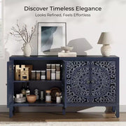 Aparador con almacenamiento, gabinete de almacenamiento con acabado desgastado, 4 puertas talladas y estante ajustable, mueble buffet de madera decorativo