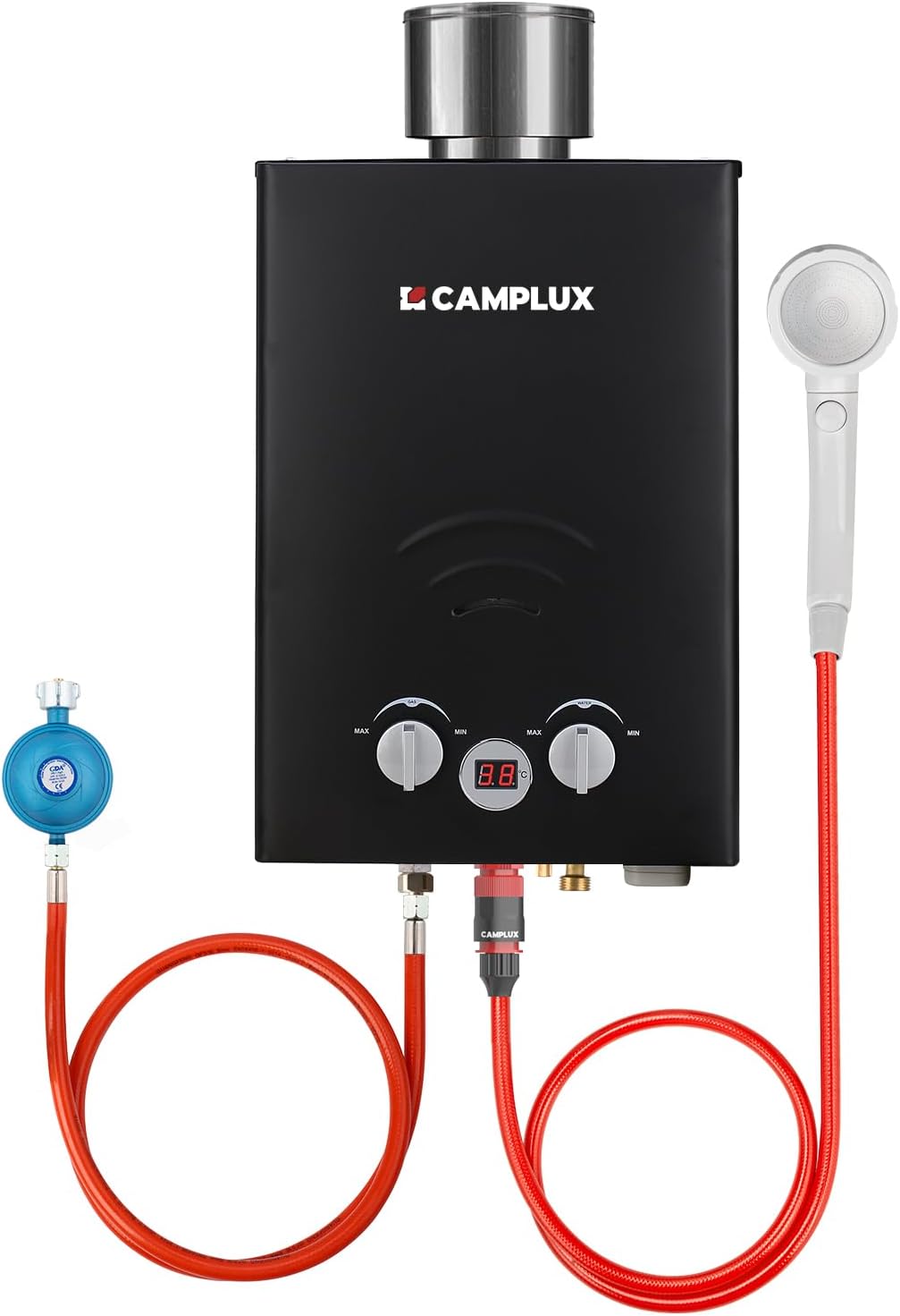 CAMPLUX BW158BC-DE Calentador de agua a gas sin tanque con cubierta impermeable, calentador portátil de GLP, 6 litros, 12 kW, 50 mbar, ducha de camping