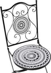 Set de balcón Beliani de 3 piezas de hierro, mesa de mosaico blanco/negro con 2 sillas plegables Comiso