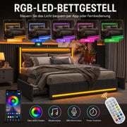Cama tapizada BRILVERDE 160x200 con almacenamiento, cama doble con USB/LED, cama juvenil con 4 cajones, estructura de cama con somier y cabecero, lino (gris, 160 x 200 cm)