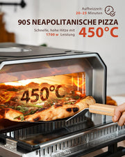 Horno para pizza eléctrico 450°C – Pizza napolitana en 90 segundos, ventana de visualización e iluminación interior, 6 programas y 6 modos de cocción, modo de chef profesional, pala para pizza, piedra para pizza y bandeja de horno, plateado