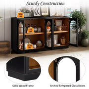 Aparador grande de 4 puertas con puertas de vidrio, gabinete arqueado con estantes ajustables para cocina