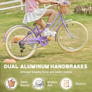 Glerc Missy 20, 24, 26 pulgadas bicicleta híbrida urbana tipo crucero para niñas, de 6 velocidades, con cesta de mimbre, para jóvenes mayores de 6 años, varios colores
