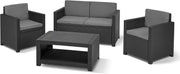 Set de salón de jardín de 4 piezas Allibert by Keter Monaco, grafito/gris, con cojines de asiento y respaldo, de plástico, aspecto de ratán plano