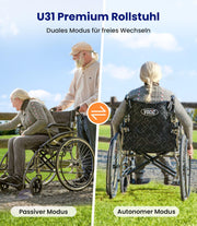 Silla de ruedas plegable y ligera VOCIC U31 autopropulsada, 150 kg, ruedas de 60 cm, asiento de 46 cm, doble freno, 17,5 kg, para exteriores y personas mayores