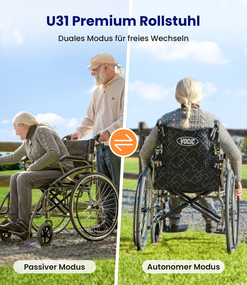 Silla de ruedas plegable y ligera VOCIC U31 autopropulsada, 150 kg, ruedas de 60 cm, asiento de 46 cm, doble freno, 17,5 kg, para exteriores y personas mayores