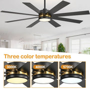 Ventilador de techo negro de 65 pulgadas y 8 aspas con luz y control remoto
