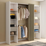 IDMarket - Vestidor extensible doble MERYL 120/180 x 50 x 180 cm blanco con estantes color haya + doble barra para colgar + cortina topo