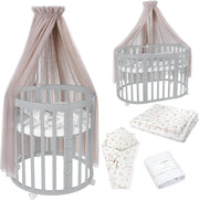 Cuna ovalada evolutiva Waldin, set completo 7 en 1, cuna de barrotes, cama infantil con colchón, cambiador, cuna colecho, madera blanca