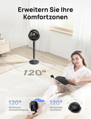 Ventilador de pie DREO muy silencioso, ventilador grande con mando a distancia, ventilador silencioso de 20 dB con motor CC, oscilación de 120°, 4 modos, altura ajustable de 94-107 cm, ventilador de suelo, TurboPoly Fan 512, gris