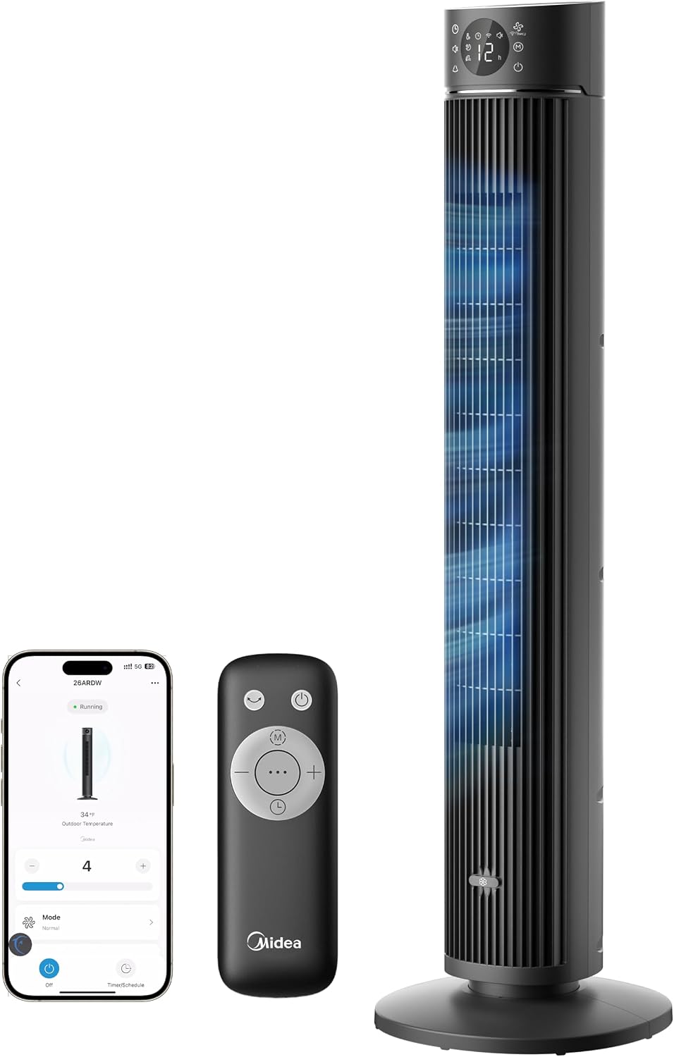 Ventilador de torre inteligente Midea FZ10-26ARDW silencioso con mando a distancia, 19 dB ultrasilencioso, motor CC, 4 modos y 12 niveles, temporizador de 24 h, control por aplicación para dormitorio, salón y oficina, negro, 105 cm