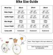 Glerc Missy 20, 24, 26 pulgadas bicicleta híbrida urbana tipo crucero para niñas, de 6 velocidades, con cesta de mimbre, para jóvenes mayores de 6 años, varios colores