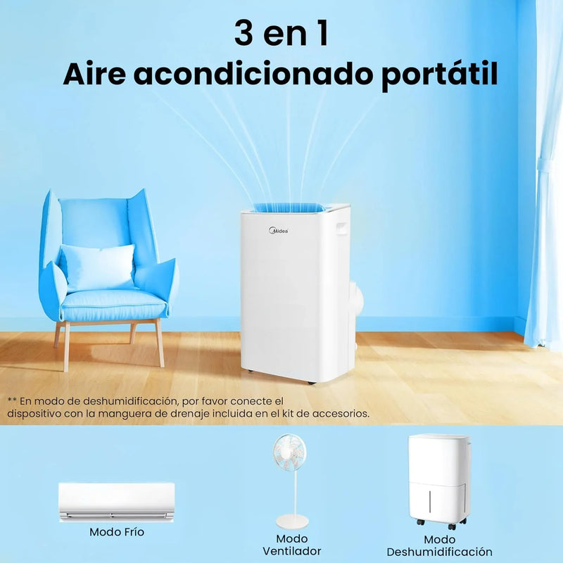 Aire Acondicionado Portátil MIDEA Pingüino 3 en 1 | 3000 Frigorías / 12000 BTU | Aire acondicionado silencioso para 43m2 - Deshumidificador, Ventilador, Climatizador 3500 W - 4 modalidades con kit de ventana
