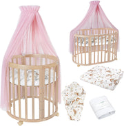 Cuna ovalada evolutiva Waldin, set completo 7 en 1, cuna de barrotes, cama infantil con colchón, cambiador, cuna colecho, madera blanca