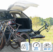 Portabicicletas de enganche Favoto para 2 bicicletas - Soporte plegable y abatible, carga de 50 kg, compatible con ruedas de 20–29", montaje rápido, estructura de aleación de aluminio para coche