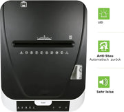 Destructora de documentos LMG Alemania con alimentación automática P4, 180 hojas, corte cruzado, apagado automático, 58 dB, 32 litros, pantalla táctil, compatible con RGPD