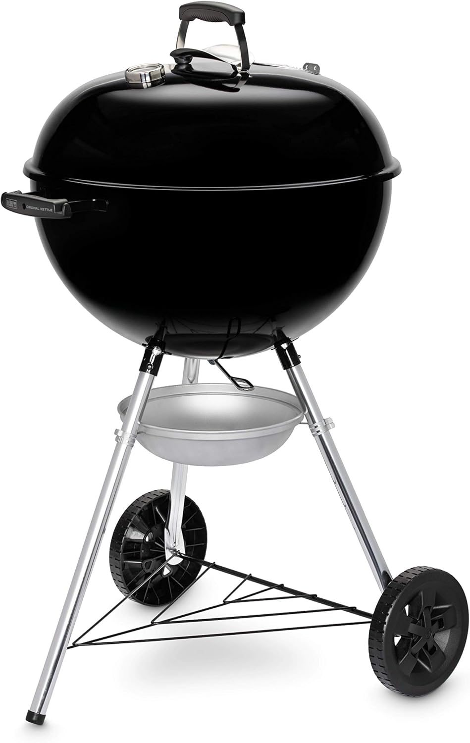 Barbacoa de carbón Weber Original Kettle E-5710 / Tapa y cuba de acero vitrificado, superficie de cocción de 57 cm, sistema de limpieza One-Touch, termómetro integrado en la tapa, trípode, negro