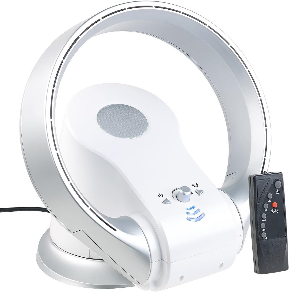 Ventilador sin aspas Sichler Haushaltsgeräte: Ventilador de mesa de 360° sin aspas y calefactor, oscilación, hasta 1100 W (ventilador con función de calefacción, sin hojas, mini)