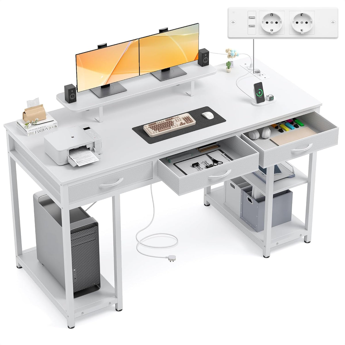 Escritorio para computadora Claiks con 3 cajones, escritorio de 140 x 60 cm con estante, mesa con 2 enchufes y 2 puertos de carga USB, mesa de oficina para PC para oficina en casa, sala de estar, blanco