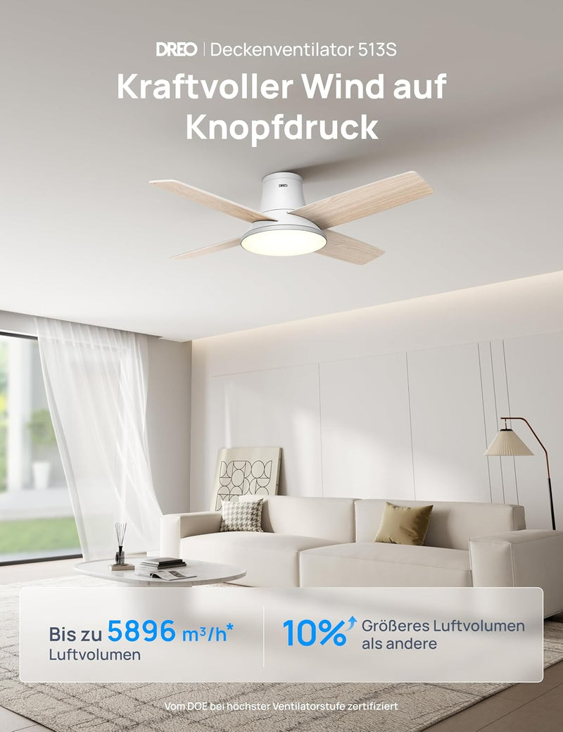 El ventilador de techo con luz DREO ofrece doce velocidades, tres modos y un motor de corriente continua silencioso. Montaje sencillo, LED regulable, mando a distancia y temporizador de 12 horas en color blanco.