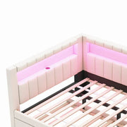 Cama con plataforma tapizada con puertos USB e iluminación LED - Base de cama matrimonial/individual con 2 cajones de almacenamiento - Dormitorio moderno